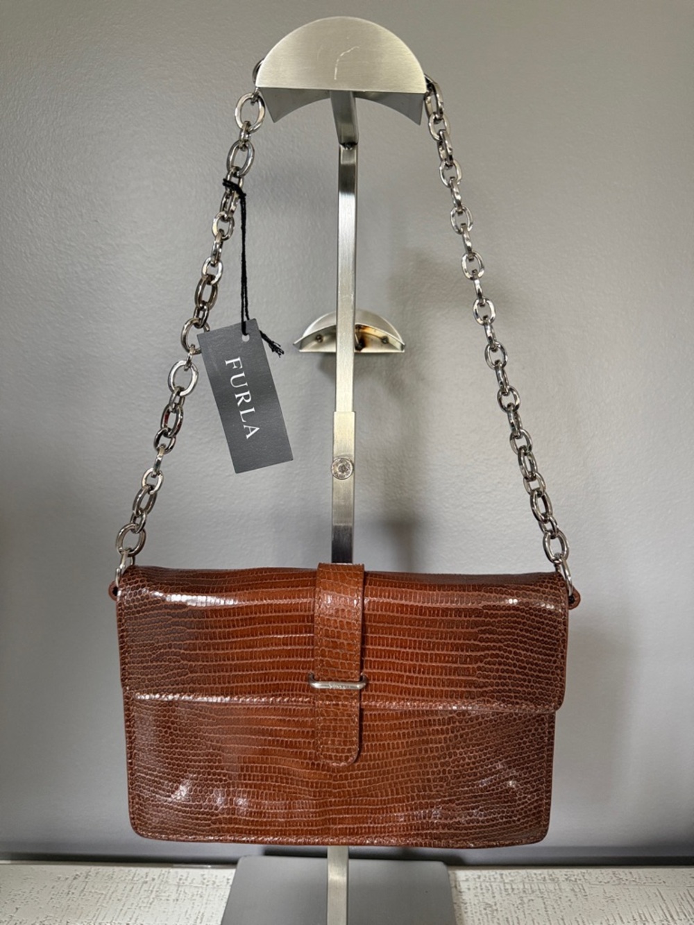 Furla Cognac Lizard-Embossed Leather Shoulder Bag with Silver Chain